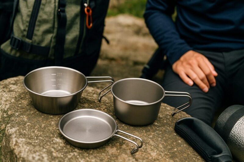 登山装備と一緒に、岩上でチタンとステンレスのシェラカップを比較配置した写真。
