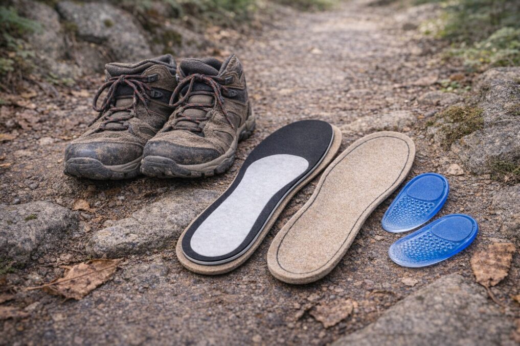 登山道にトレッキングシューズとインソール、ジェルパッドを並べて比較するイメージ