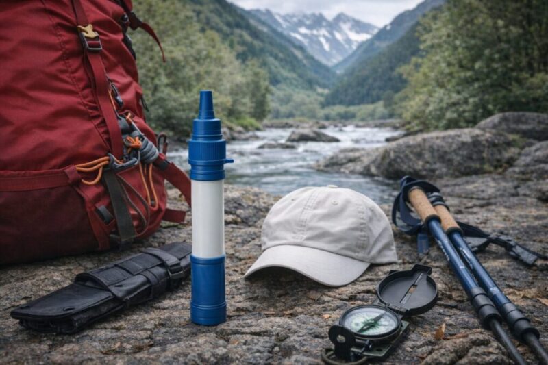 登山道の休憩ポイントで携帯浄水器を使い水分補給している手元の様子