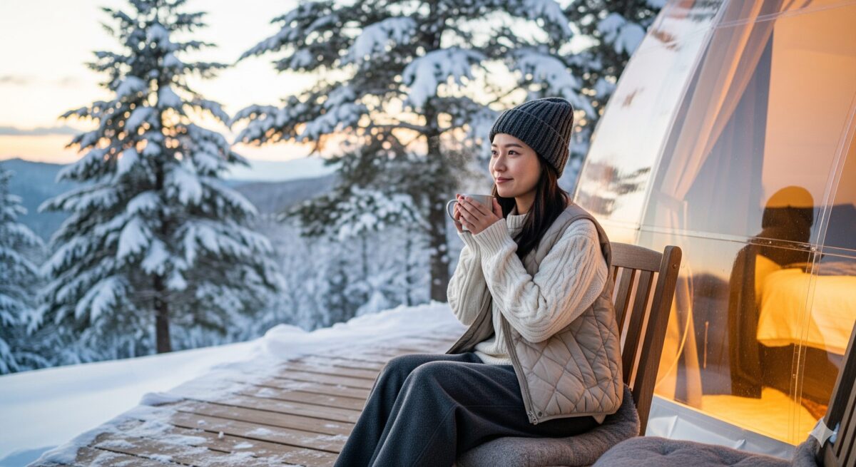 白いニットとダウンベストを重ね着した女性がくつろいでいる様子。