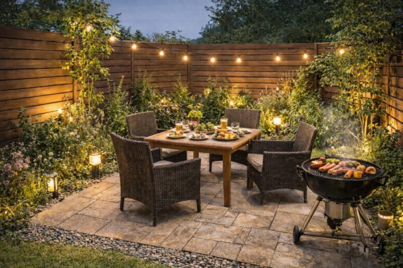 目隠しと照明と家具で整えた快適な庭バーベキュー空間