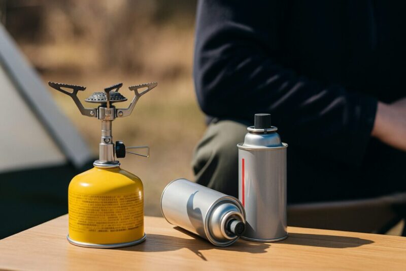 直射日光下で無地CB缶が置かれた危険な状況と小型バーナー。詰め替えや加温の禁止を想起させる安全イメージ。