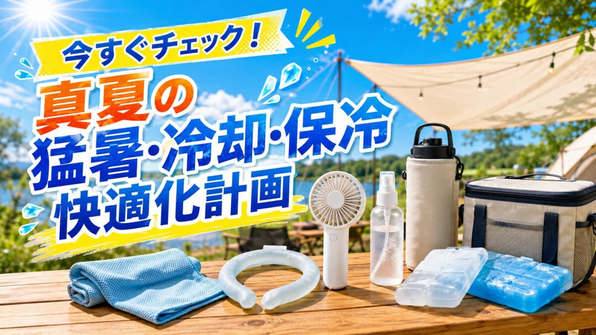 真夏のキャンプ場で冷感タオル・ネッククーラー・ハンディファン・クーラーボックスを並べ、「今すぐチェック！真夏の猛暑・冷却・保冷快適化計画」と入ったアイキャッチ画像