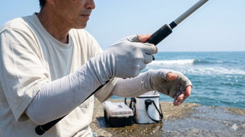真夏の堤防で薄手メッシュ手袋を着用しロッドを握る釣り人。