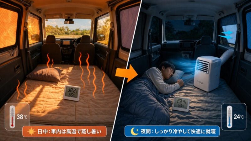 真夏の日中の熱気が残る車内と、夜に冷房で快適に眠れる就寝スペースを対比したイメージ