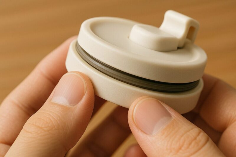 真空マグのフタとOリングを指で押さえながら締め付けを確認している手元のアップ。