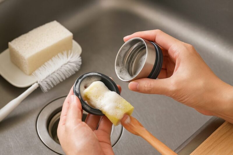 真空マグのフタとパッキンを泡立てたスポンジで丁寧に洗浄しているイメージ。