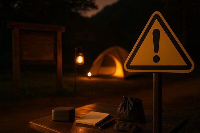 眠れない時に管理人へ相談する導線を示す夜のキャンプ場イメージ。