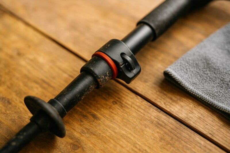 砂や泥が少し付着しており、固定できないトレッキングポールのロック部分