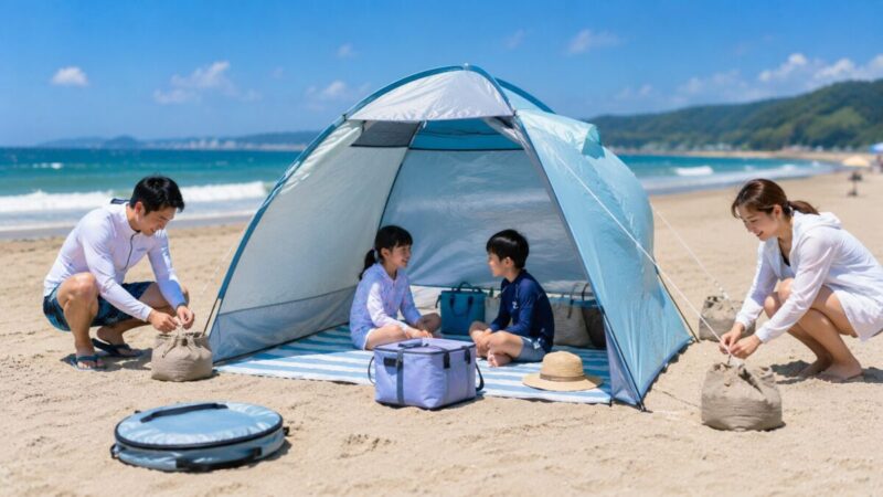 砂浜でポップアップテントを砂袋とロープで固定する様子