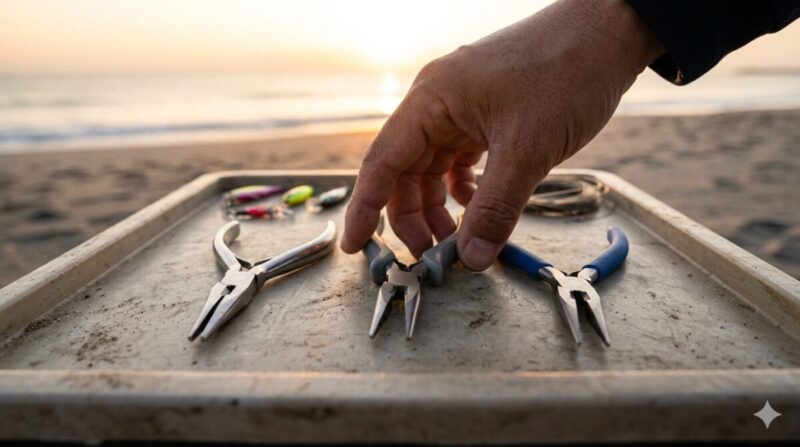 砂浜のケース上に並べられた複数のプライヤーと迷う手元の写真