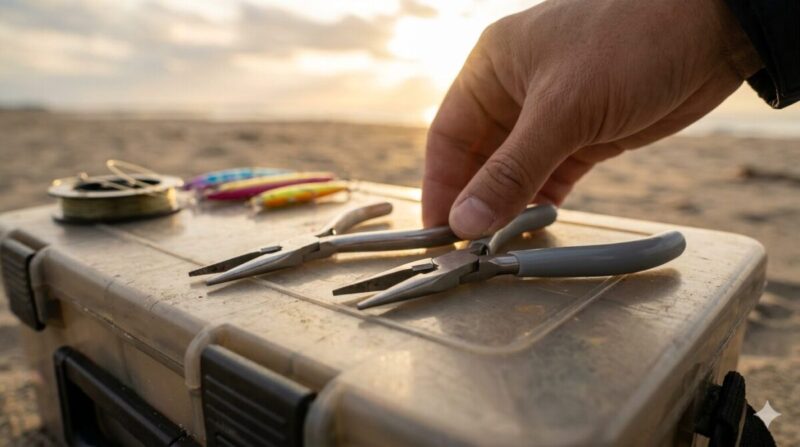 砂浜のケース上に並べられた複数のプライヤーと迷う手元の写真。