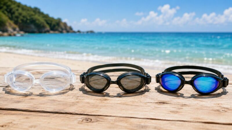 砂浜の木製テーブルに透明、スモーク、ブルーミラーのゴーグルを並べた比較イメージ