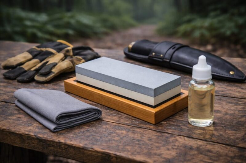 砥石や手袋、オイルなどの手入れ道具を揃えてメンテナンスの準備をしているイメージ