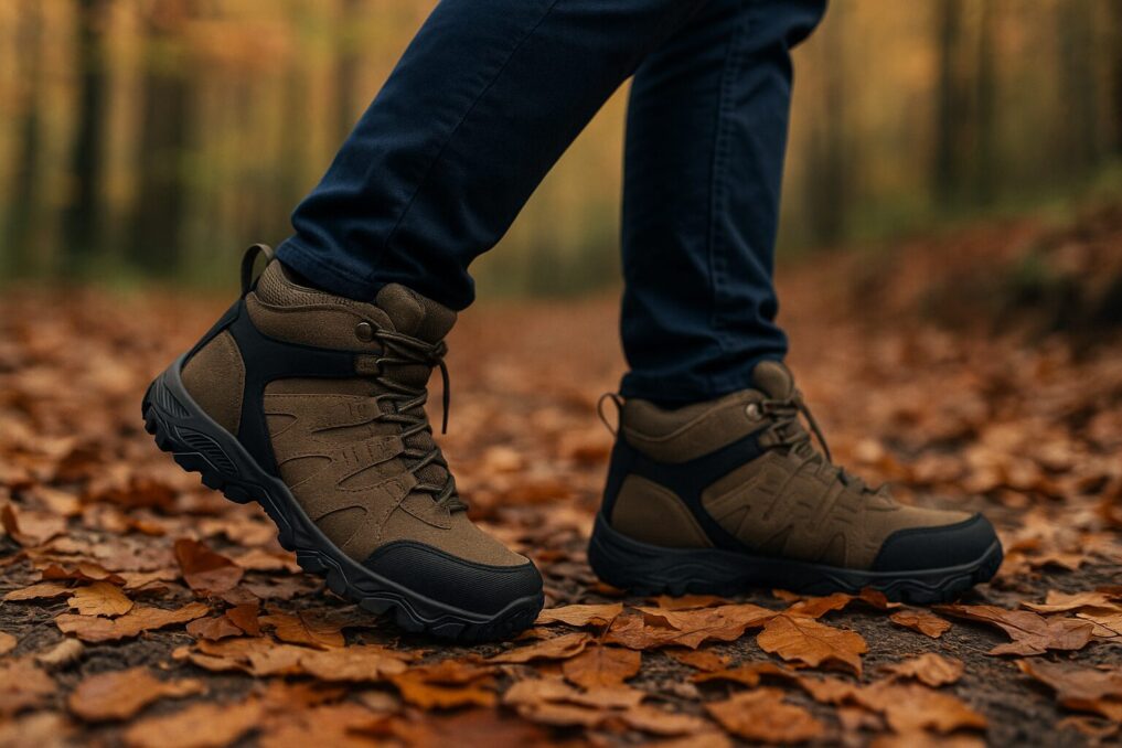 秋の山道を歩く日本人の足元。無地のミッドカット登山靴の深いラグとつま先ガードが見える実用イメージ