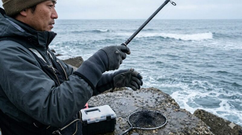 秋の海岸でネオプレーン手袋を着用しロッドをキャストする釣り人。