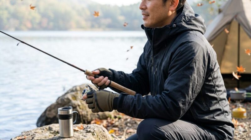 秋の湖畔で、防寒手袋を着用しマグカップを持つ男性。