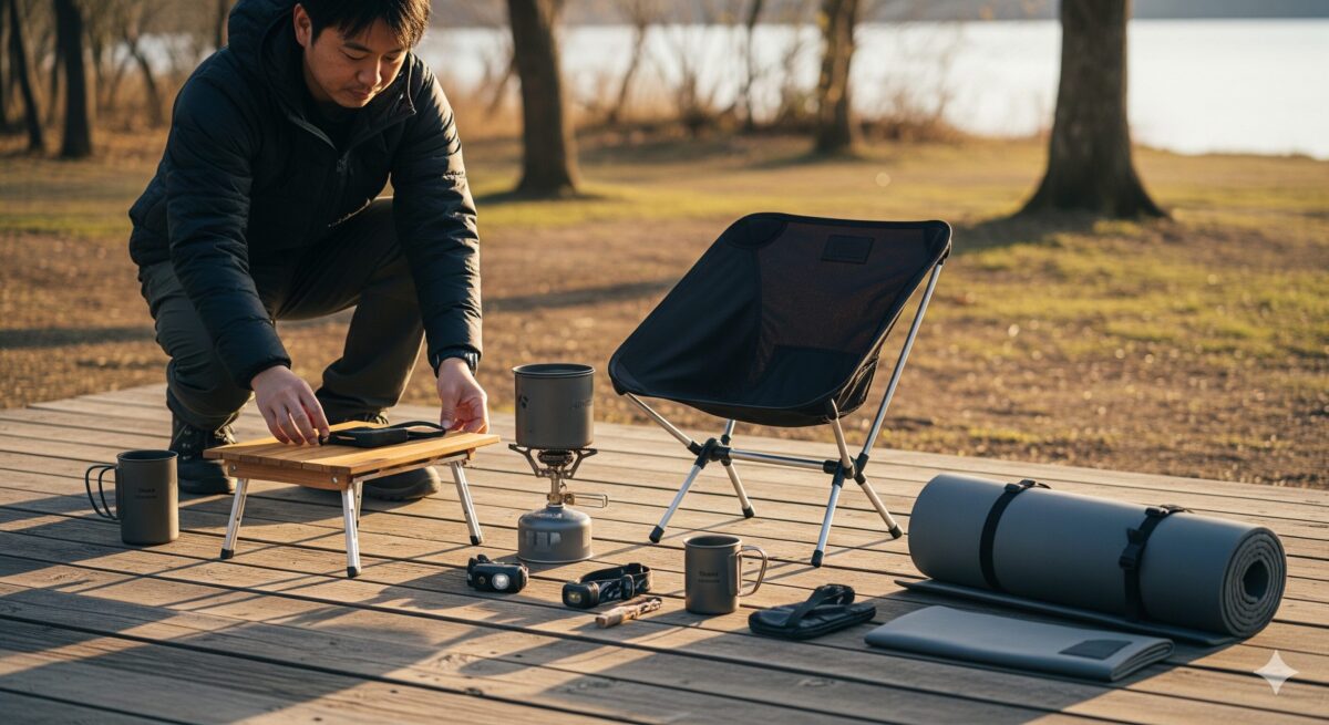 穏やかな午後の光が差し込む屋外のウッドデッキで、ソロキャンプ用の道具を丁寧に整頓している男性。