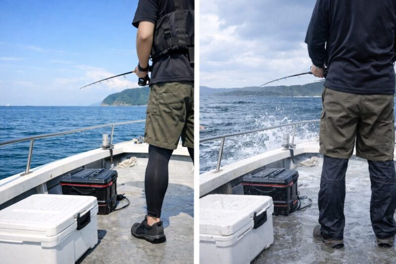 穏やかな日の船釣りと波しぶきが強い日の船釣りを並べて比較したイメージ