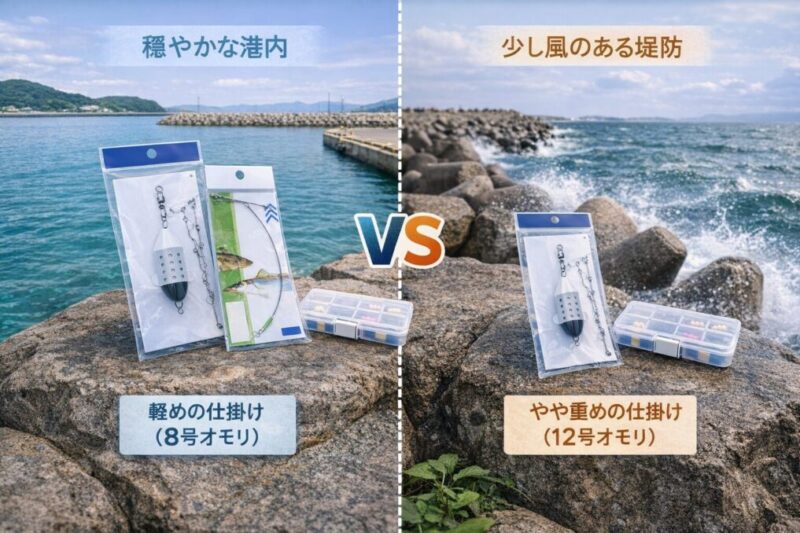 穏やかな港内と風のある堤防で、軽めとやや重めの仕掛けを見比べたイメージ