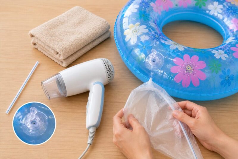 空気入れがない時の代用品を浮き輪の横に並べる様子