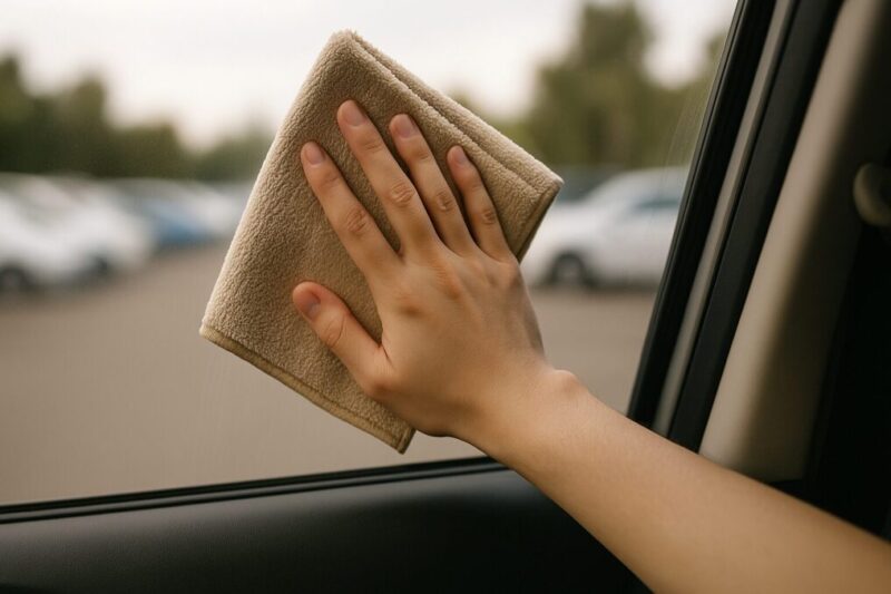 窓ガラスを傷つけないようにタオルで一方向に拭き取る手順のイメージ