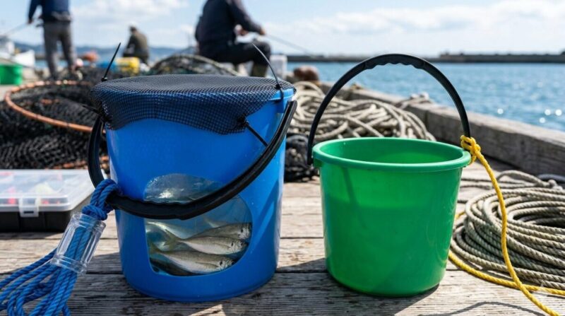 筏用と堤防用のバケツ比較。