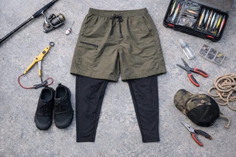 素材見本とショーツを並べ、夏の船釣り向けパンツの機能や生地感を見比べられるイメージ