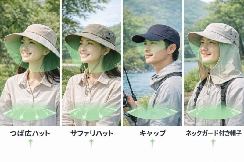紫外線対策向きの帽子の形を比較した着用イメージ