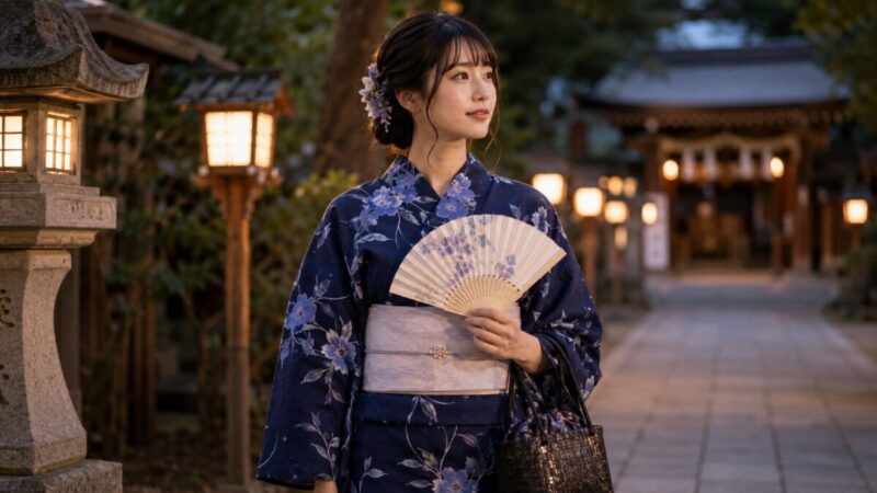 紺とくすみ系の浴衣で大人っぽく上品にまとめた女性