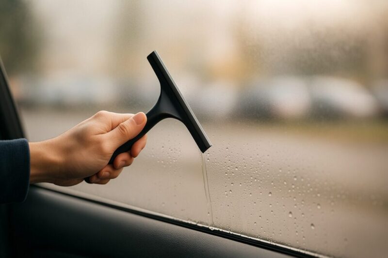 結露ワイパーで窓の水滴を寄せて拭き取り時間を短縮するイメージ。