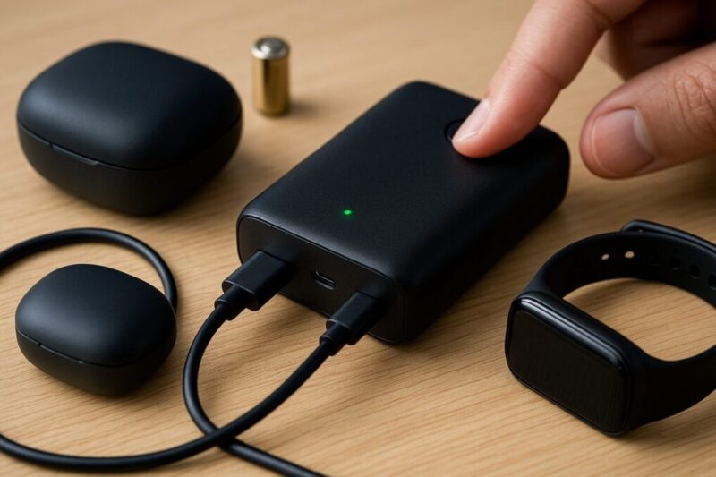 緑LEDが点いたバッテリーから極短ケーブルでイヤホンケースのみを給電するイメージ