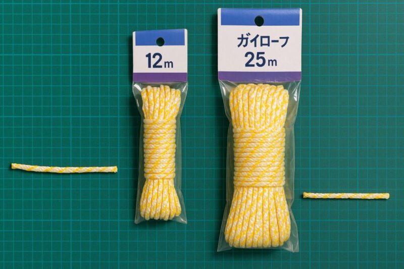 緑のカッティングマット上に12mと25mの無地パッケージと、横に並べた短尺のカットロープ。長さの使い分けを示す静物写真