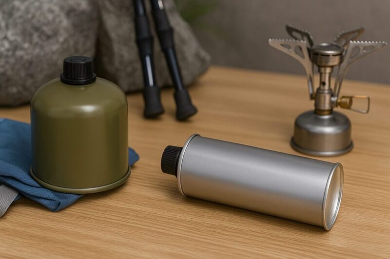 縦型OD缶と横置きCB缶を並べ、登山用とテーブル用の違いを示す比較イメージ。