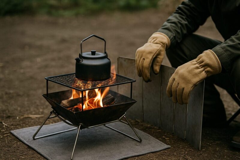 耐熱シートの上に置いた焚き火台で炎が上がり、五徳には黒い小型ケトル。