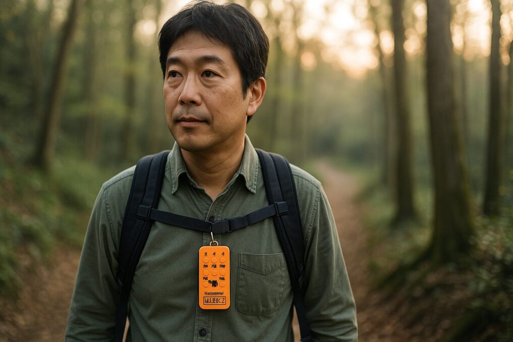胸元に熊よけホーンを装着した日本人ハイカーが、森の小径で前方を警戒している様子。