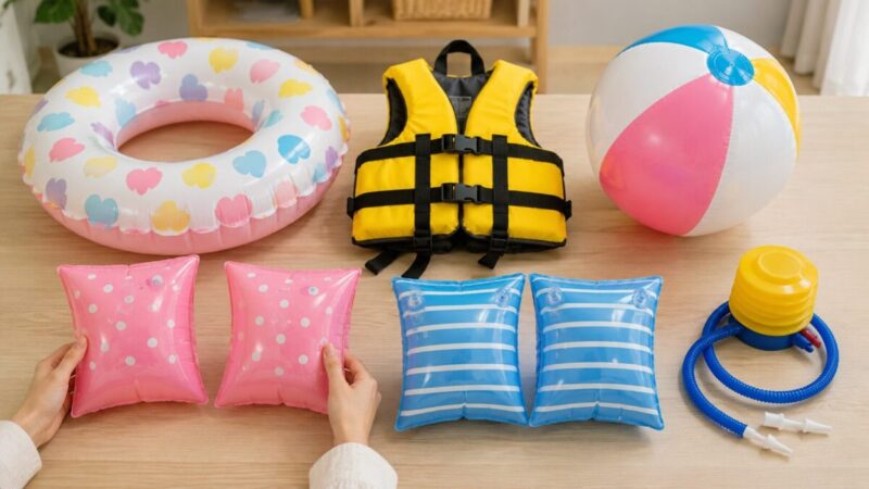 腕用浮き具と丸型浮き輪、ライフジャケットの違いを比較する画像
