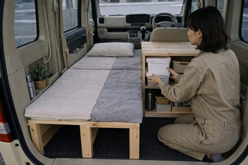 自作DIYでベッドと収納を整えたエブリイワゴン風の車内カスタム例