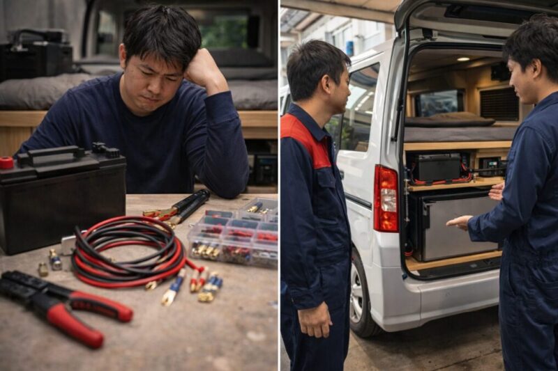 自作で組む場合と整備工場で施工相談する場合を比べたイメージ