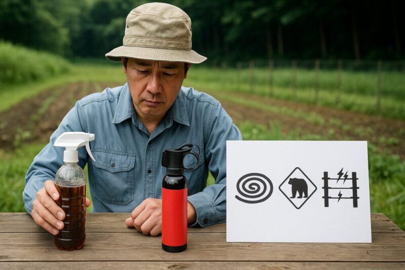 自作スプレー入りペットボトルと市販風熊スプレー缶を前に、畑のテーブルで対策の違いを考える日本人男性のイメージ