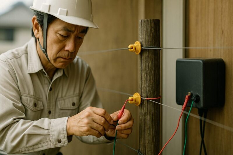 自作配線ではなく専用パワーユニット経由でコードを接続している日本人作業員の様子を写した、安全な電気柵配線イメージ。