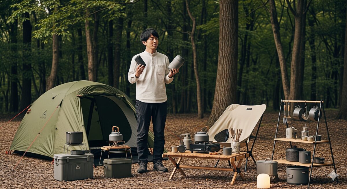 自分のスタイルに合った道具をじっくりと選んでいる日本人男性の姿。