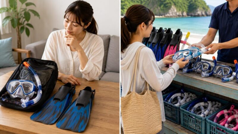 自分専用に購入したシュノーケリングセットと海辺で借りるレンタル器材を比較した様子