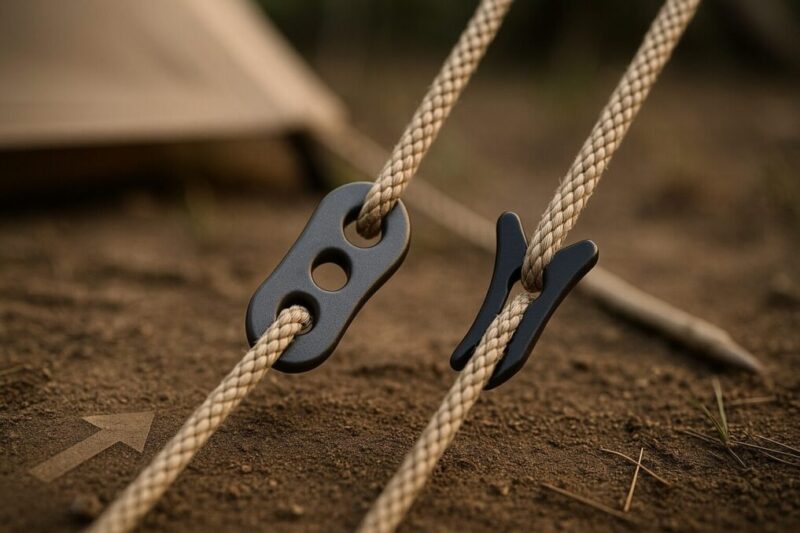 自在金具の種類とロープ径の適合イメージを示すため、三穴アルミとV字プラのテンショナーにロープを掛け、矢印で張力方向を抽象表示した写真。