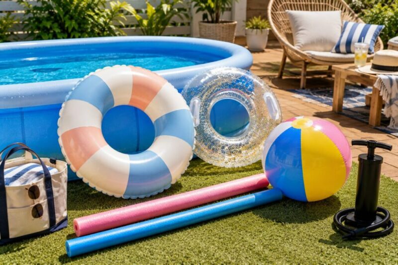 自宅プールのそばに浮き輪、ビーチボール、プールスティック、空気入れを並べた水遊びグッズのイメージ。