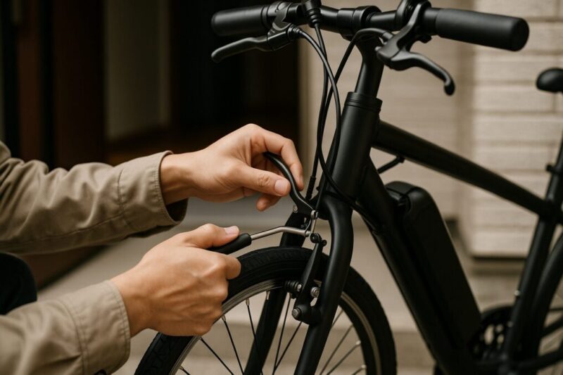 自宅玄関前で自転車を点検する手元アップイメージ