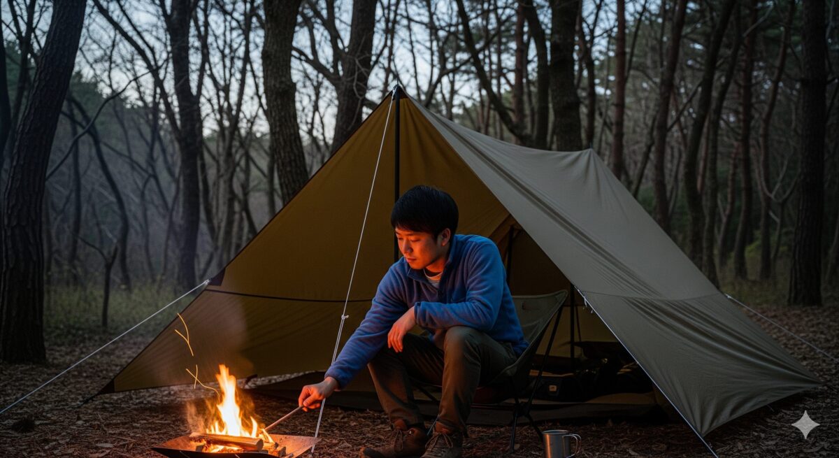 自然に馴染むアースカラーのタープをアディロンダックスタイルで設営し、ソロキャンプを楽しむ日本人男性の姿。