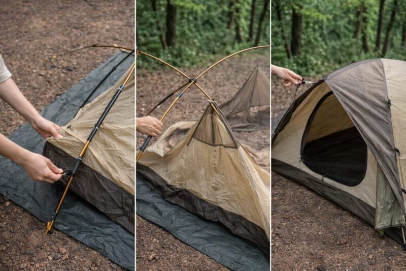 自立式ソロテントを設営している手順イメージ