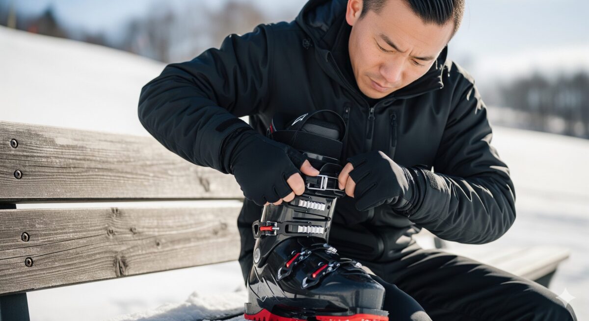 自身のスキーブーツのバックル調整に真剣に取り組んでいる様子。