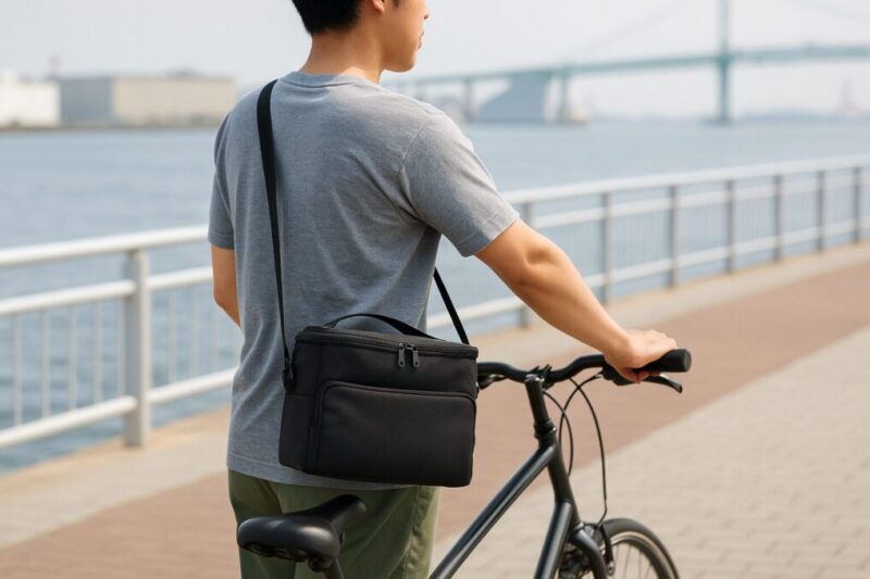 自転車と並ぶ日本人男性が無地の5Lソフトクーラーを斜めがけにして海辺を歩く様子。